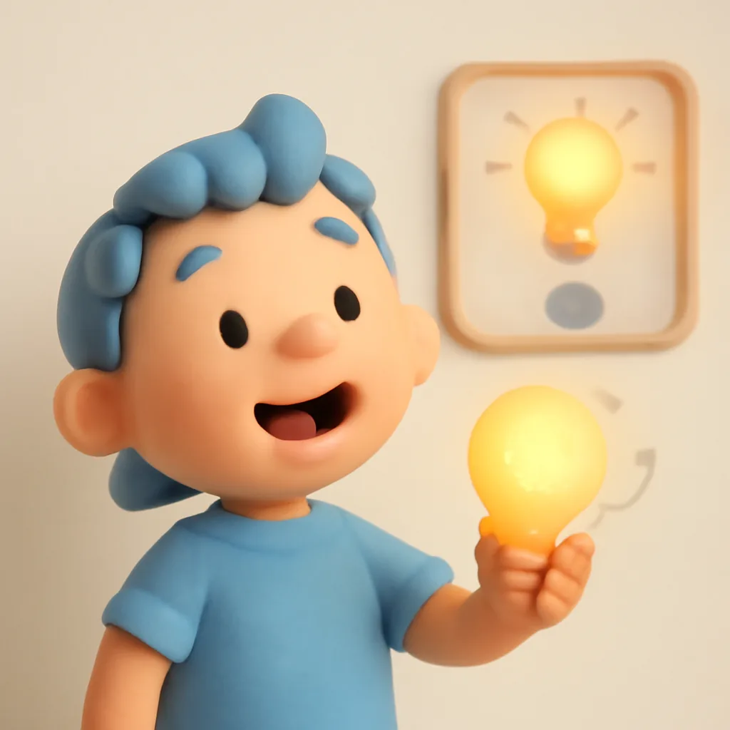 Momentul magic: un copil fericit cu un beculeț aprins, lângă o imagine simplă care apare ca explicație.